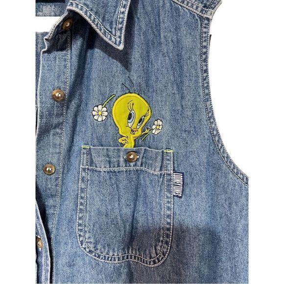 Looney Tunes Vintage Sleeveless Denim Top 90’s Tweety Bird Medium EUC - Picture 8 of 12